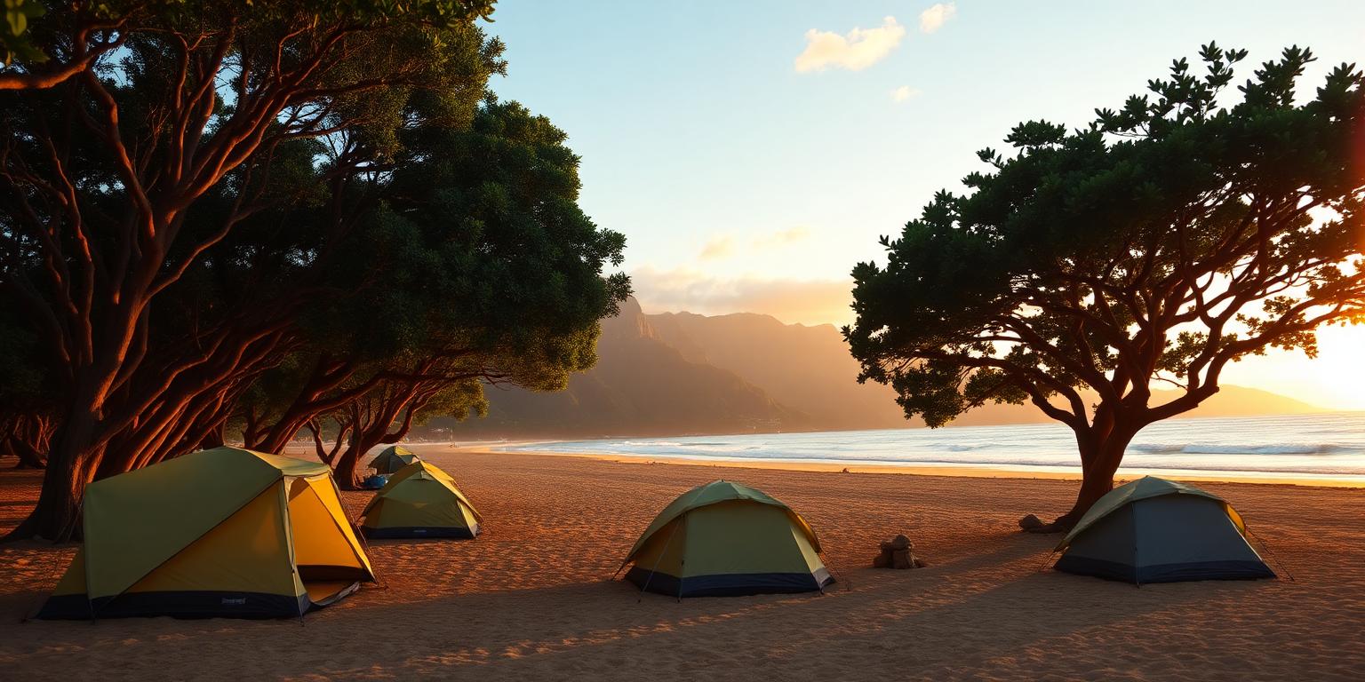 Backpacker tents pitched on a Kauai beach campground at golden hour, palms silhouetted against the sunset